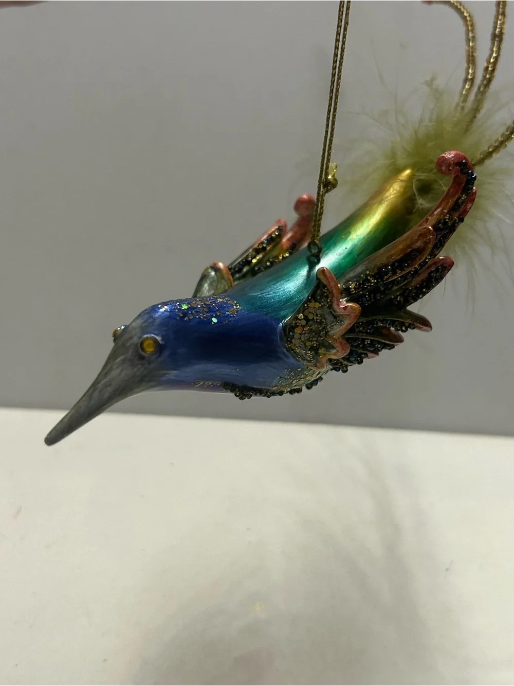 Iridescent Bird Ornaments Hummingbird with Feathered and Beaded Tails Vintage